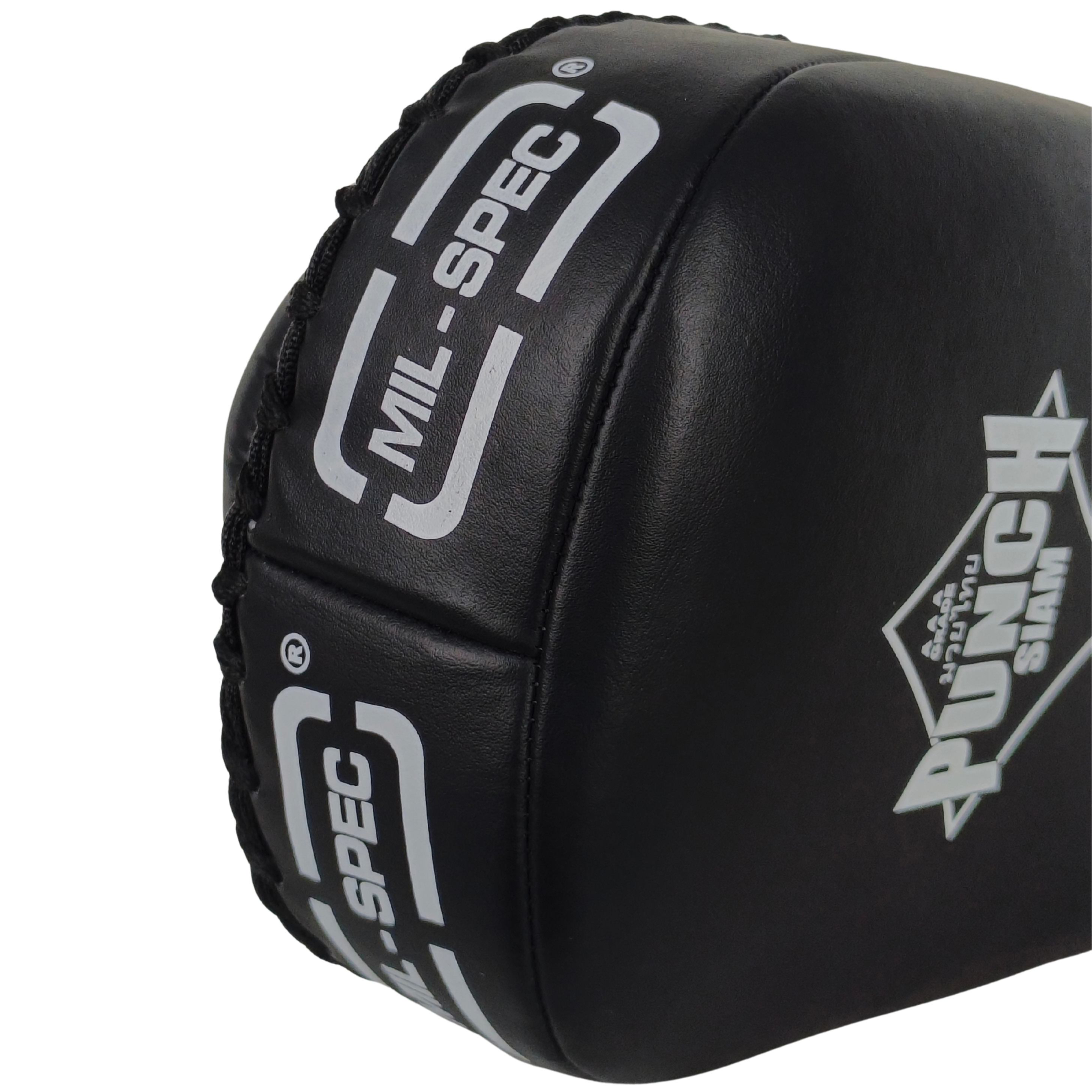 Black leather thai pad with white 'MIL-SPEC' branding on the side and a white 'Punch' logo on the front, shown on a plain white background.
