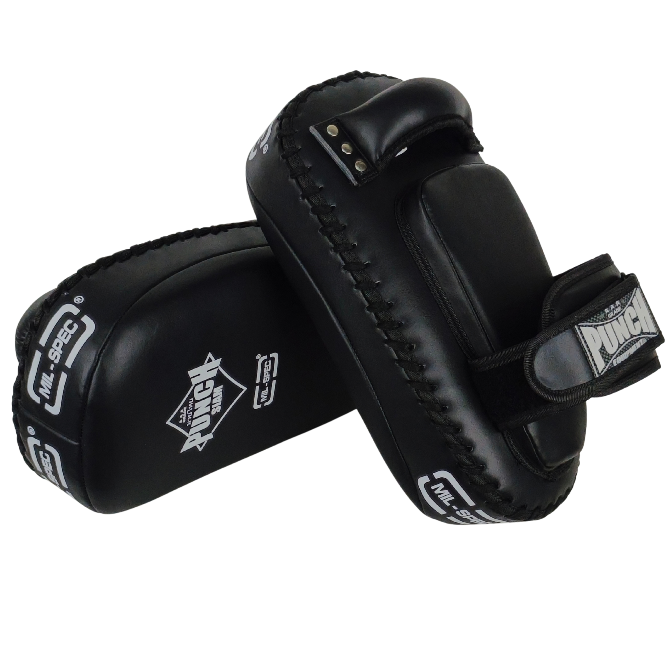 A pair of Punch black Muay Thai shin pads with white branding, shown on a plain white background.