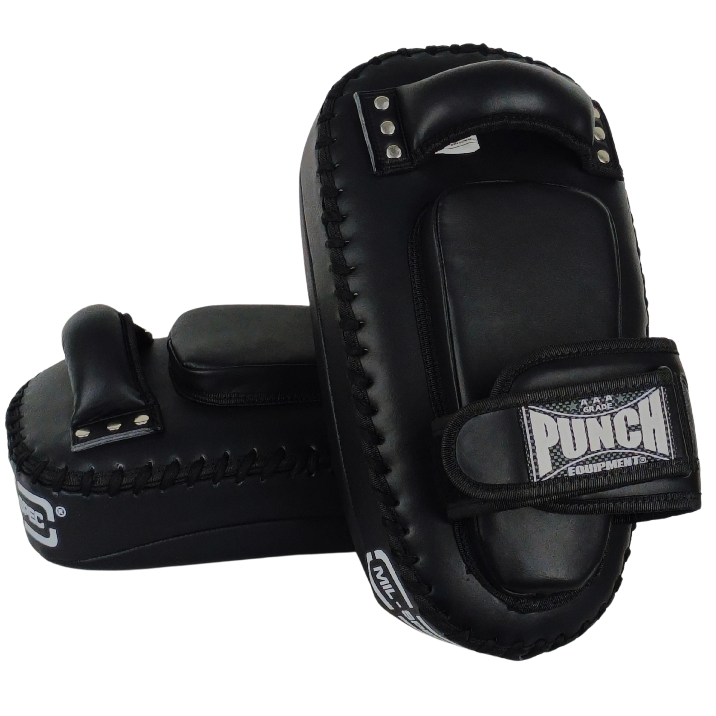 A pair of black leather martial arts thai pads with white 'PUNCH' branding on the strap, displayed against a solid white background.