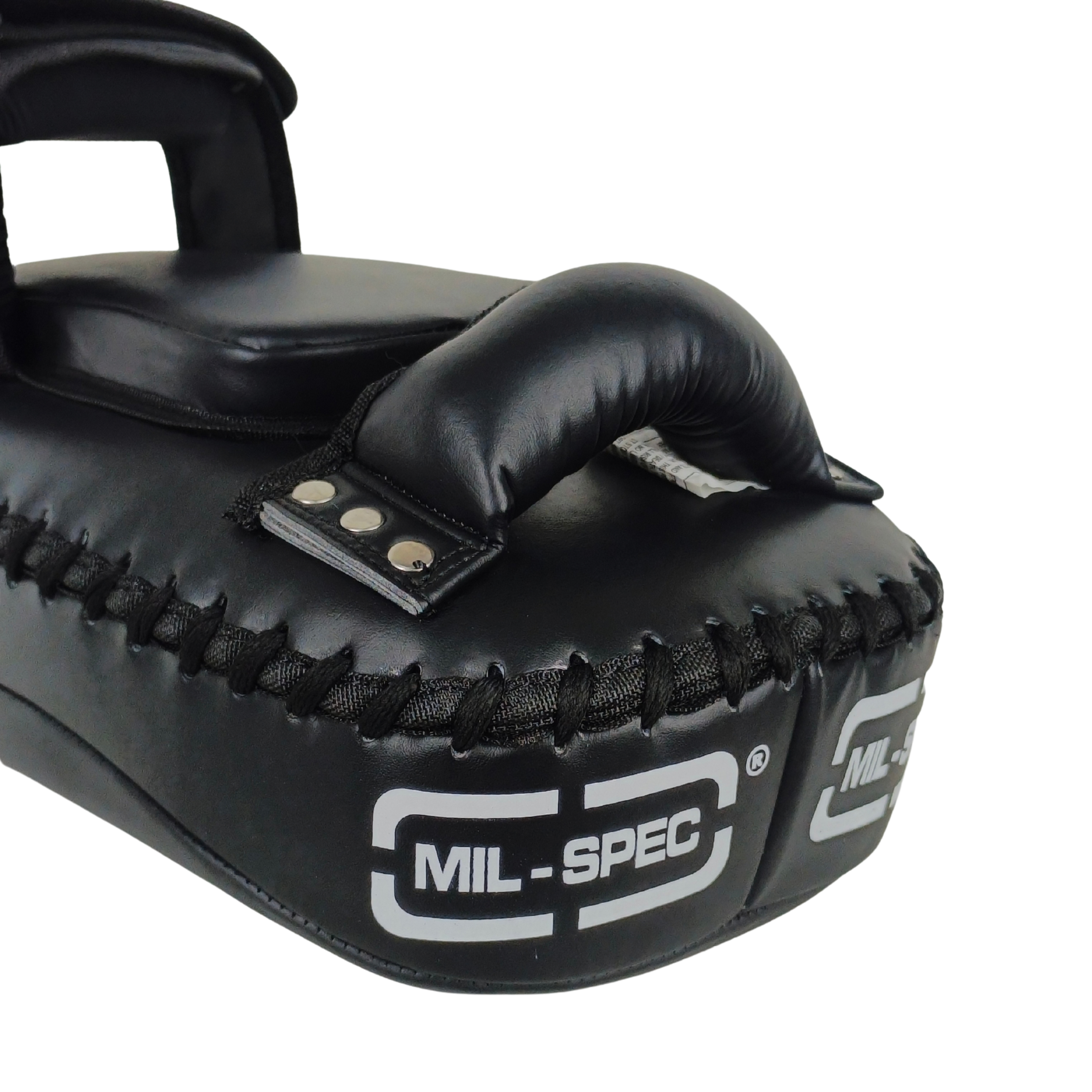 Black Mil-Spec thai pad with white logo branding, featuring a padded handle and stitched edge, shown on a white background.