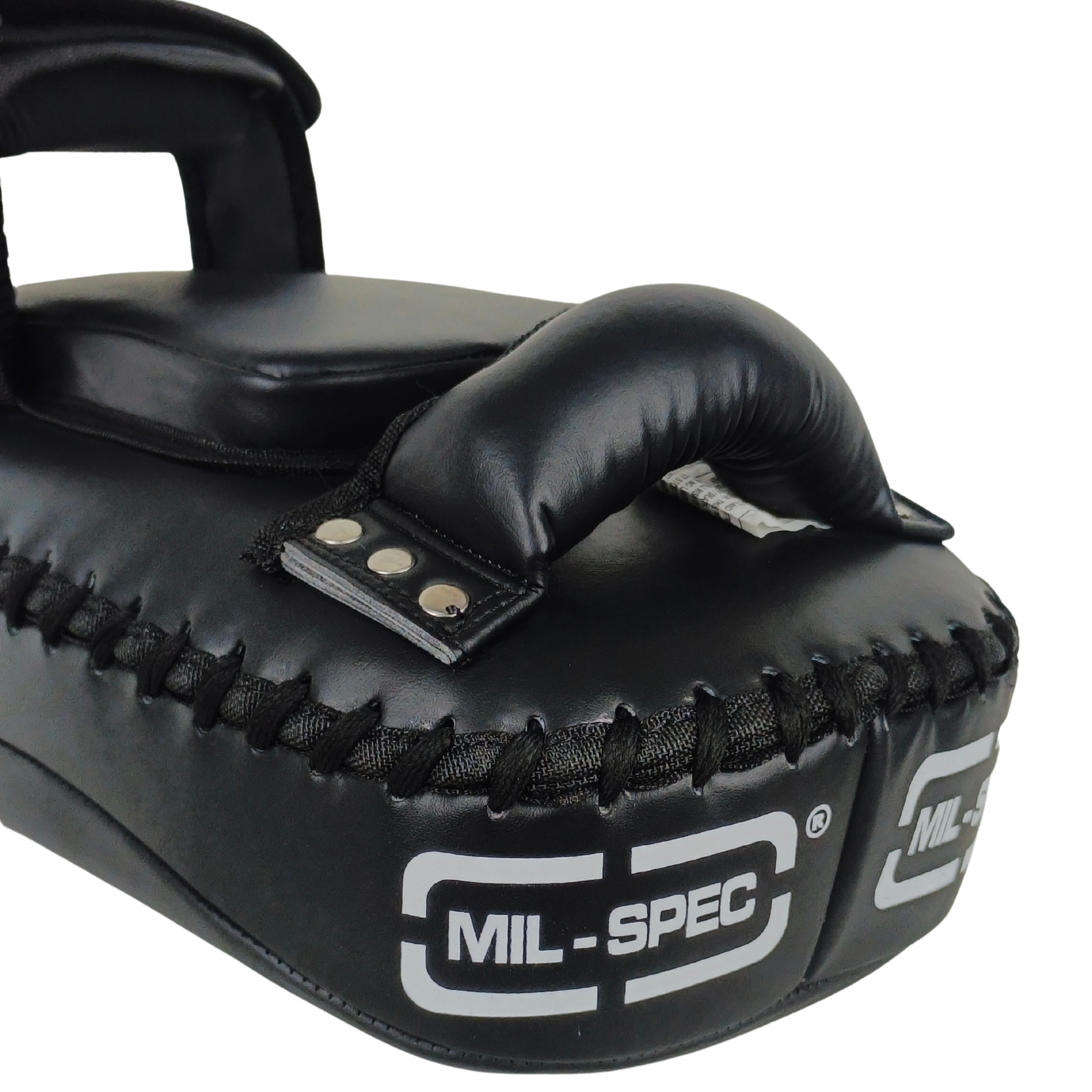 Black Mil-Spec thai pad with white logo branding, featuring a padded handle and stitched edge, shown on a white background.