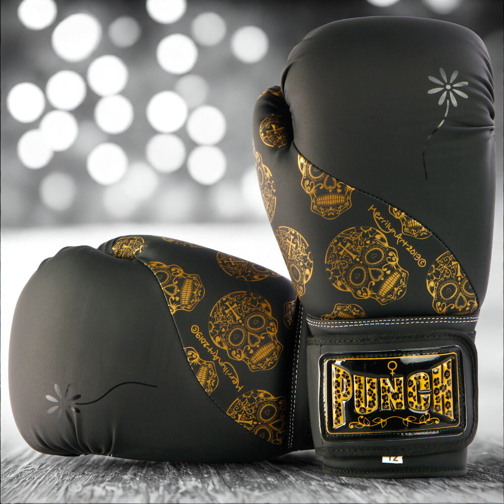 BOXING GLOVES - Urban™ GOLD SKULLS - 12oz - BLACK