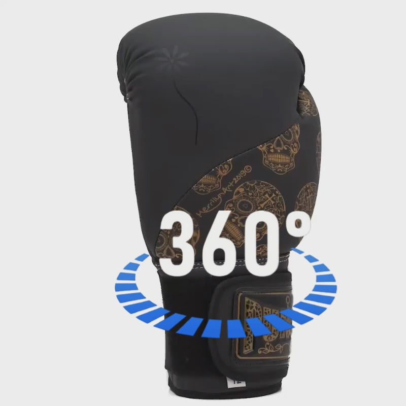 BOXING GLOVES - Urban™ GOLD SKULLS - 12oz - BLACK