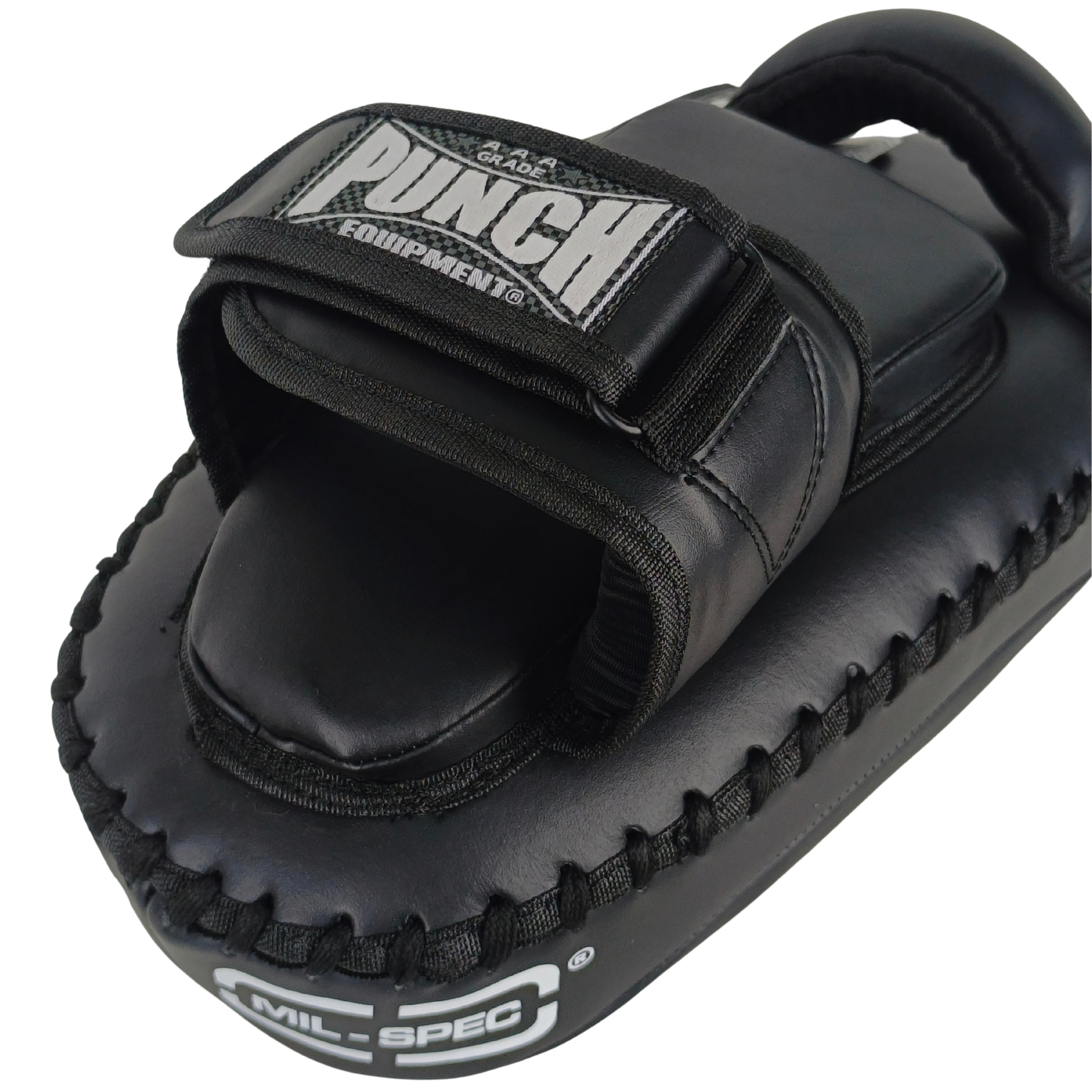 Black leather martial arts thai pad with a hook-and-loop strap featuring the 'Punch Equipment' logo, on a white background.
